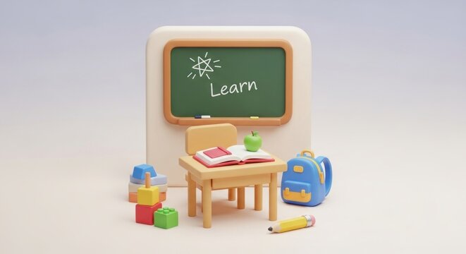 A classroom setting with a chalkboard, desk, chair, and various educational items. - Powered by Adobe