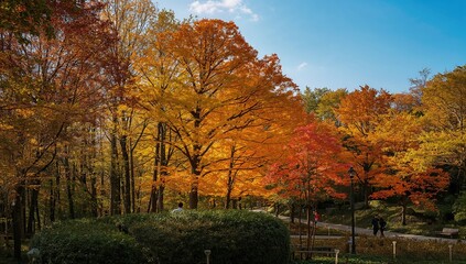 Fototapeta premium Golden Gingko Leaves in a Serene Forest Park During Fall