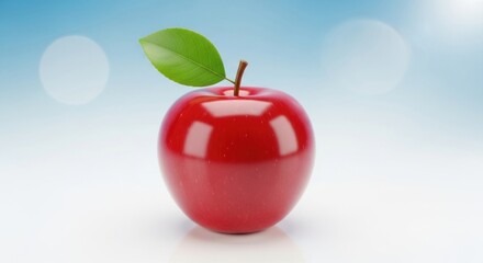 A shiny red apple with a green leaf on a white background.