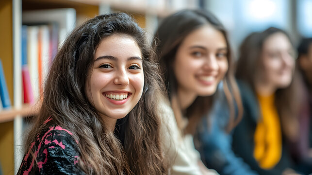 A cheerful group of students studying together in a library.