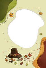 Paper cut style framework background template. with  brown hat , autumn leaves , mushrooms and berries . Thanksgiving, autumn harvest presentation or invitation concept . Free copy space. 
