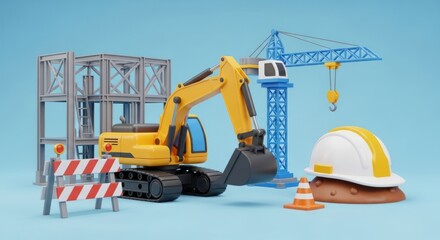 A yellow excavator and a blue crane on a blue background with a white helmet and a construction barrier.