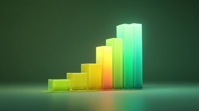 Colorful 3D bar graph representing positive growth trend in data visualization, presenting vibrant yellow, green, and blue shades with a modern aesthetic