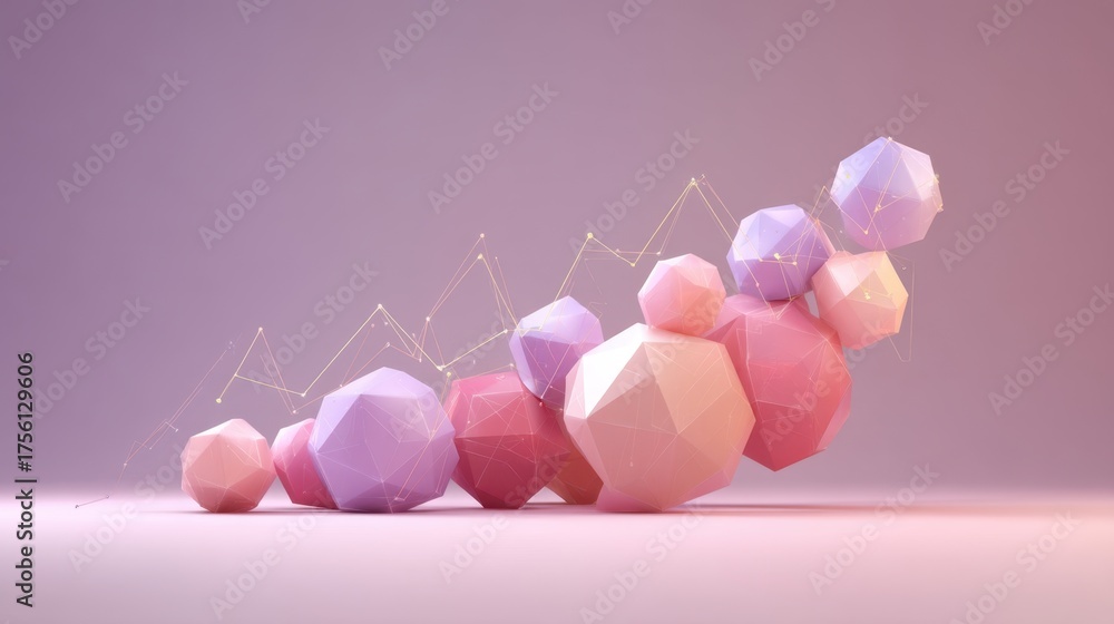 Wall mural abstract geometric shapes and pastel colored spheres with connected lines on a soft pink background 
