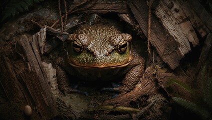 Close-up of a toad amidst scattered wooden pieces