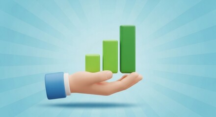A hand holding a green bar graph with three green bars on a blue background.