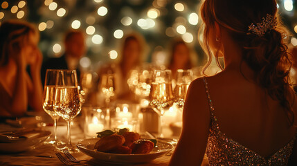 elegant gala dinner for New Year with people in formal wear, candlelit atmosphere