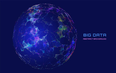 Abstract 3D sphere with color chaotic grid  connecting data circles for techno, science, AI and globe network data.