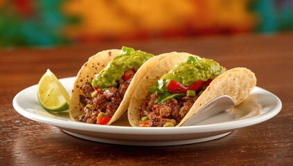 Tasty tacos filled with meat, veggies, guacamole, and a lime wedge on a white background