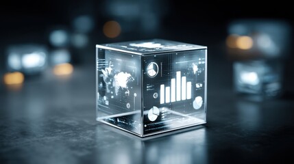 Transparent glass cube with data visualization including graphs, charts, and world map illuminated against a dark background for analytics applications