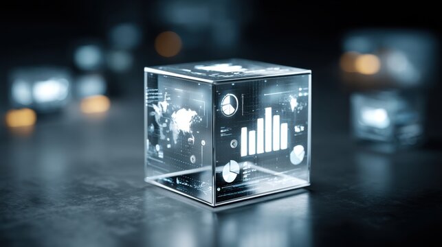 Transparent glass cube with data visualization including graphs, charts, and world map illuminated against a dark background for analytics applications