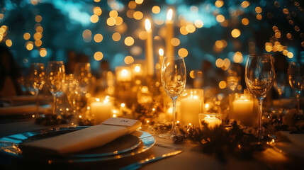 elegant gala dinner for New Year with people in formal wear, candlelit atmosphere