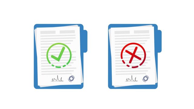 Documents with signature, check mark and cross mark on white and green screen