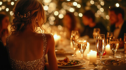 elegant gala dinner for New Year with people in formal wear, candlelit atmosphere