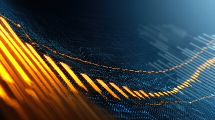 Abstract digital financial graph with orange and blue lines representing market trends, stock exchange data, and economic fluctuations in a futuristic style.