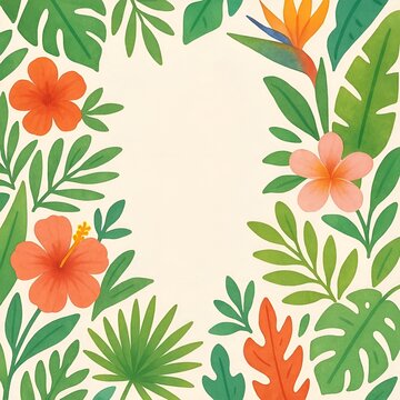 Flat Style Watercolor Fresh Exotic Jungle Background Copy Space Menu Border Made of Tropical Leaves Flowers. Summer Vibes Greeting Cards Posters Banners Placards Cafe Coffee Shop Hawaii Bar Restaurant