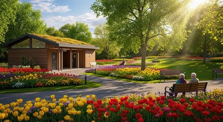 Obraz premium A peaceful afternoon in a vibrant garden where an elderly couple enjoys the beauty of blooming flowers and nature's tranquility on a sunny day.