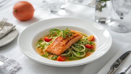 Tasty salmon papaya salad served on a white plate