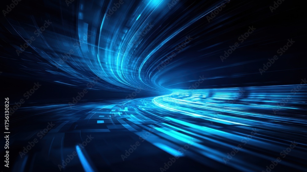 Wall mural abstract blue light trail with dynamic movement in dark background for technology and digital concep