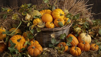 Obraz premium Freshly harvested squash and pumpkins displayed with straw and a basket