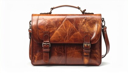 “Brown leather satchel-style bag with top handle, detachable shoulder strap, flap closure with two buckle straps, and triangular front pattern on neutral background”