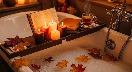 Tub with open book, candle, tea, and leaves on wooden tray, creating a warm and inviting ambiance, representative of relaxation and autumnal comfort