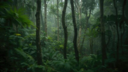 Fototapeta premium Foggy enigmatic forest scene, with tropical hardwoods and dense foliage, atmospheric backdrop for creative projects, theme of disorientation and limited sight, conservation and environmental awareness