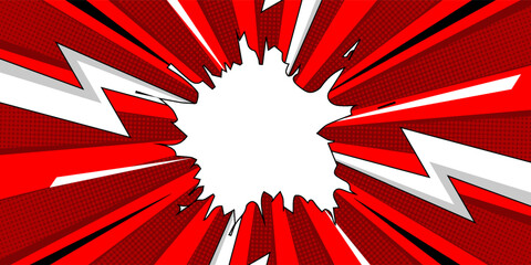 Blank comic cartoon purple background with thunder lightning, cartoon pop art style with empty dialog bubble