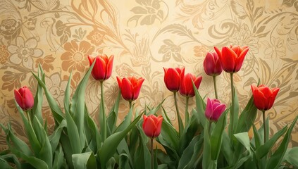Tulip blossoms set against a scenic backdrop