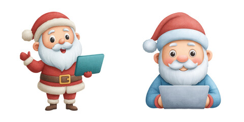 Two cheerful cartoon Santas: one holding a tablet and the other using a laptop, both sporting iconic red and blue outfits with fluffy white beards.