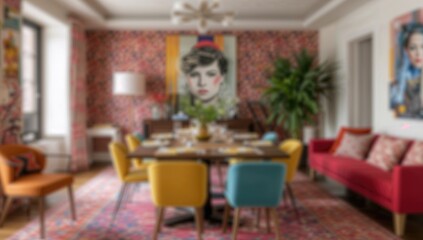 Vibrantly colored contemporary dining area with artistic decorations and sleek furnishings, ideal for chic get-togethers and everyday dining.