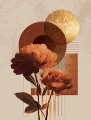 Contemporary art posters featuring double exposure flowers with geometric shapes in warm taupe and terracotta tones with gold accents.