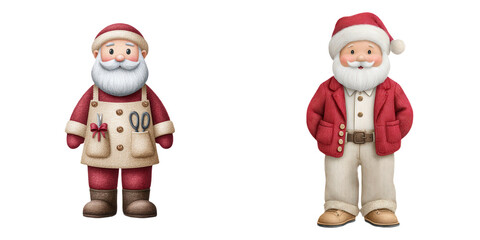 Two festive Santa Claus figures, one in an apron and the other in a cozy outfit, showcasing traditional holiday attire.