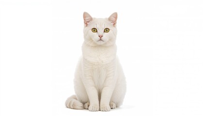 Front-facing American Curl cat seated and gazing directly at the camera on a white background