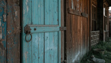Detailed view of a vintage blue wooden gate, rustic texture, traditional architecture, dwelling entrance, aged structure