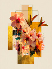 Contemporary art posters featuring double exposure flowers with geometric shapes in warm taupe and terracotta tones with gold accents.