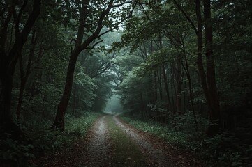 Obraz premium A misty forest path stretches into the distance, flanked by dense, lush green trees on either side, creating a serene and mysterious atmosphere.