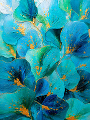 Oil painting, 3D leaves in bright turquoise and blue colors, volumetric paint strokes with a palette knife, template for wallpaper, paintings