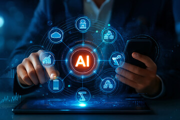 businessman touching virtual screen - Artificial Intelligence Network – Person in Suit Using Smartphone and Tablet with Glowing Red “AI” Hub and Connected Icons for Cloud, Robotics, and Automation