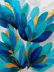 Oil painting, 3D leaves in bright turquoise and blue colors, volumetric paint strokes with a palette knife, template for wallpaper, paintings