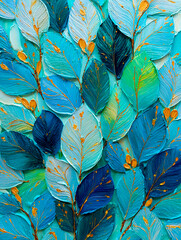 Oil painting, 3D leaves in bright turquoise and blue colors, volumetric paint strokes with a palette knife, template for wallpaper, paintings