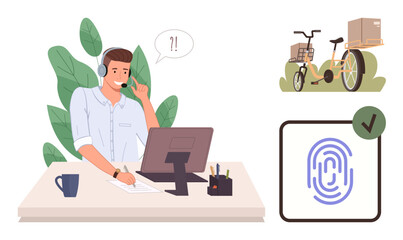 Man at desk with a headset communicating, cargo bike with parcels, digital fingerprint, and checkmark. Ideal for customer service, delivery management, e-commerce, logistics, technology security