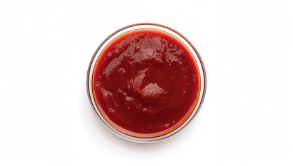Close-up of a glass container filled with barbecue sauce on a plain white background.