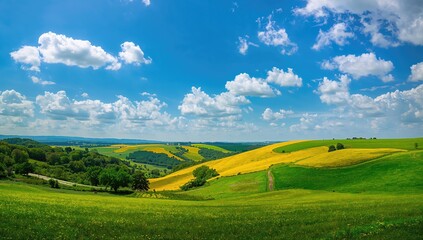 Fototapeta premium Stunning azure sky over lush green and yellow scenery