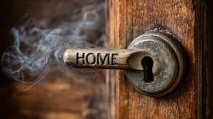surrealism inverted: A locked wooden door with the word HOME prominently displayed. From the keyhole, thin, dark wisps of smoke and faint screams are escaping, suggesting that the danger is 