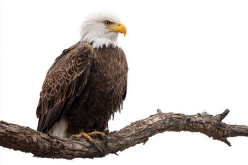 Obraz premium A bald eagle perched on a branch with a white background looking to the right side of the frame