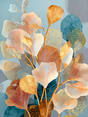 Abstract beige and blue leaves with golden elements, template for wallpaper, painting, canvas, postcard