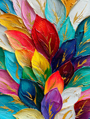 Oil painting, 3D leaves in bright colors, volumetric paint strokes with a palette knife, template for wallpaper, paintings