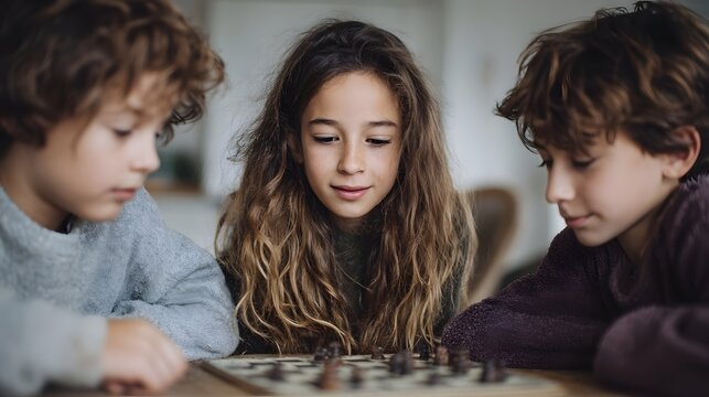 Three young children siblings intently focused on playing a game of chess together at a wooden table in a cozy indoor setting