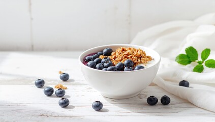 Nutritious granola topped with yogurt and fresh berries